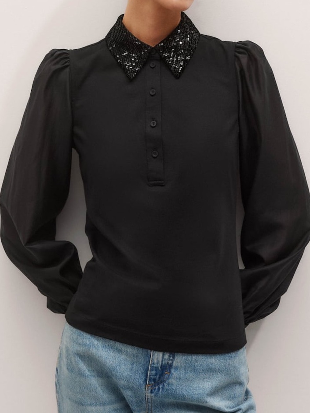ME+EM Sequin Mixed Media Layering Shirt - Black Sz 12